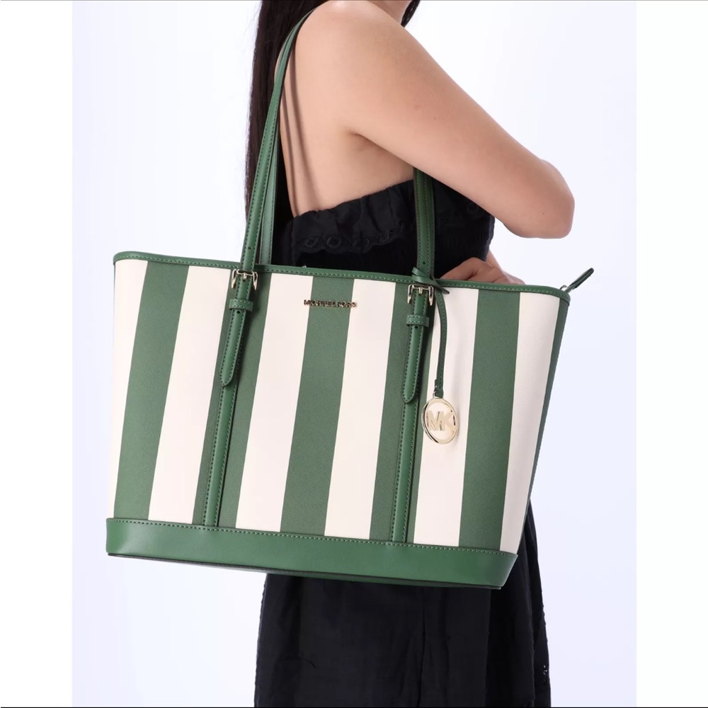 Michael Kors Green and White Striped Tote Bag EUC - Picture 3 of 5